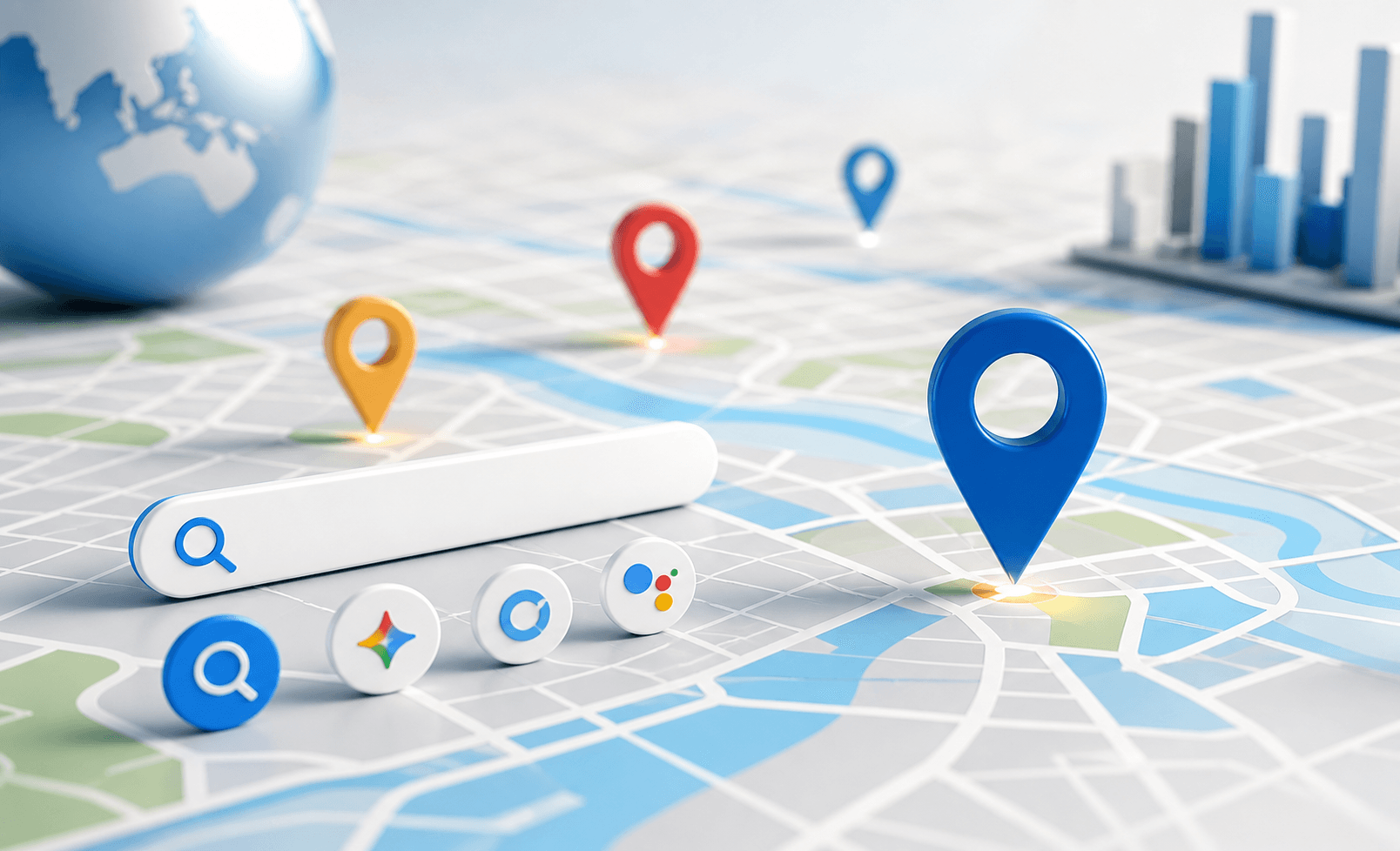 Map illustration showing geographic optimization with search engine icons