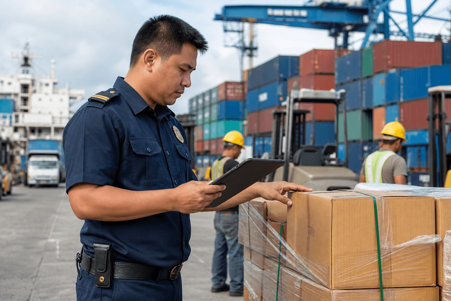 Customs officer inspecting cargo at a Philippine port with digital tools
