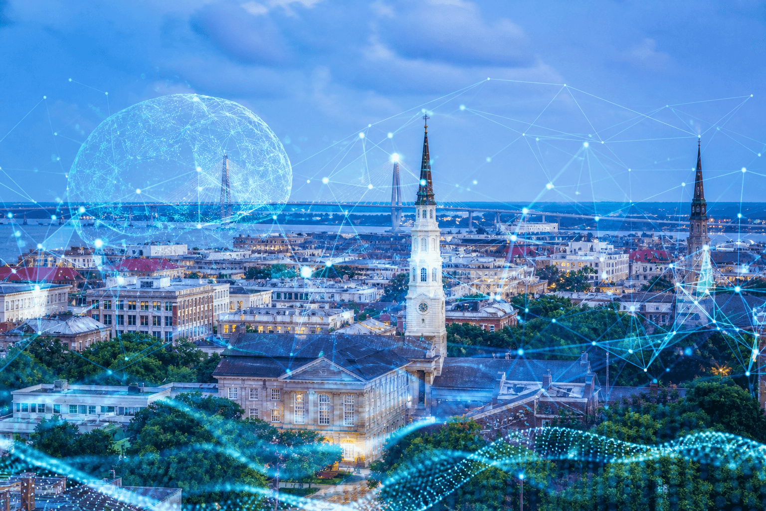 Charleston city skyline with digital AI technology overlay