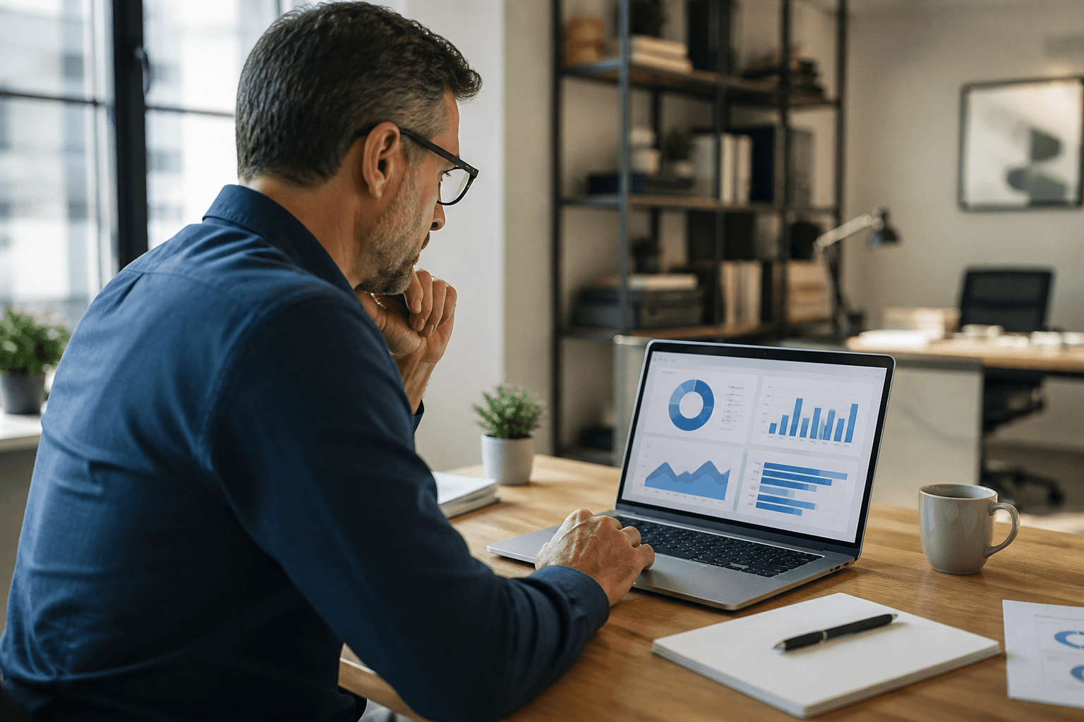 Small business owner reviewing AI assessment results on a laptop