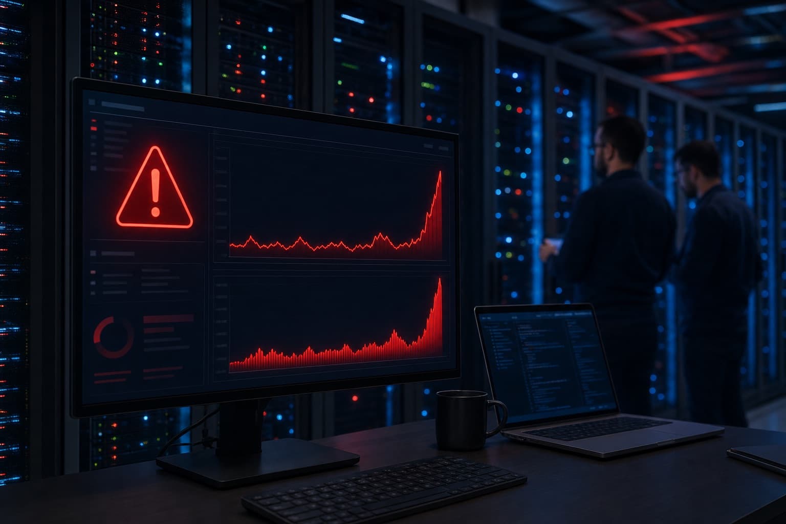 Data center technicians watching a monitor showing an AI.com is currently down error during a traffic surge