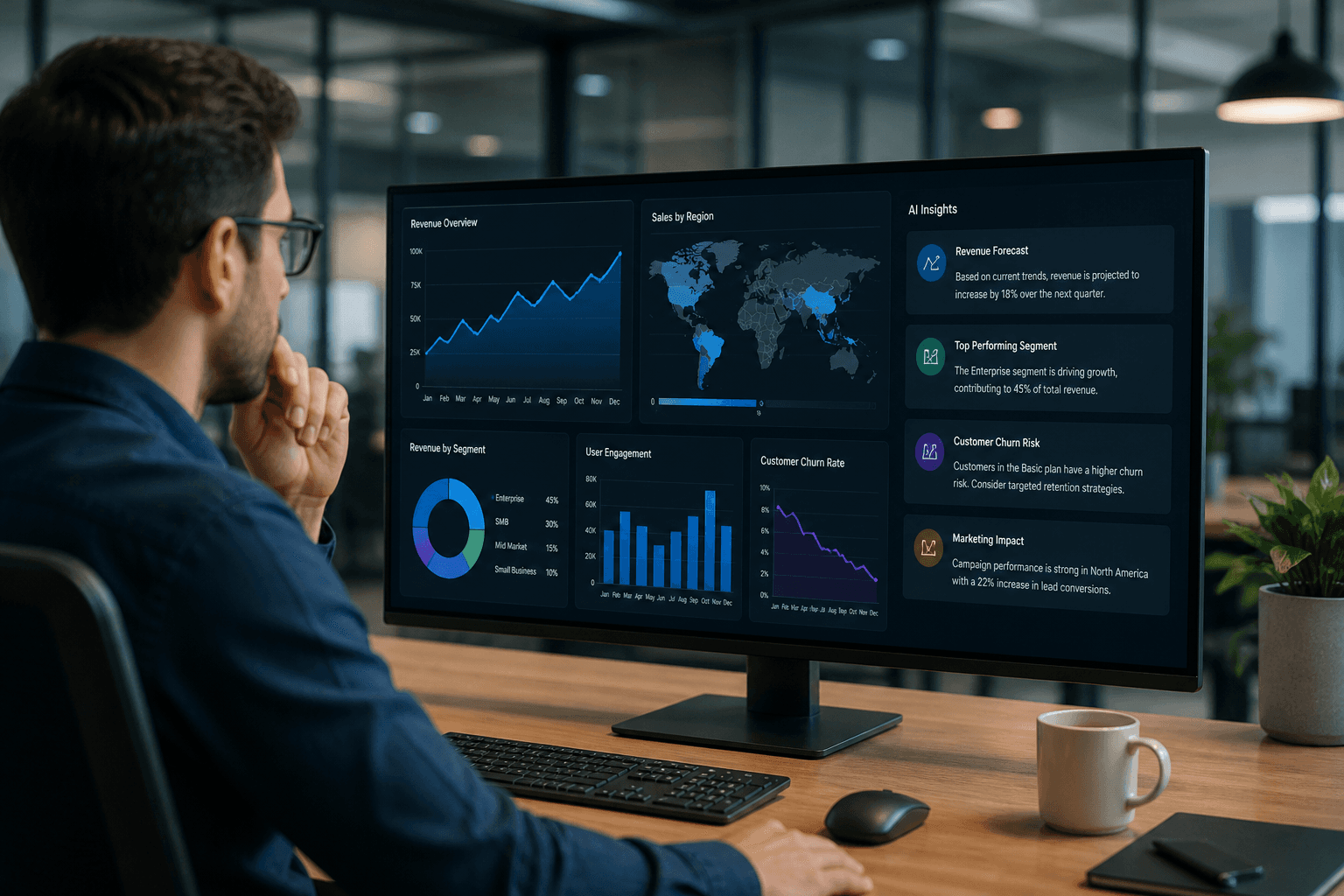 Dashboard showing AI-powered business analytics with graphs and charts