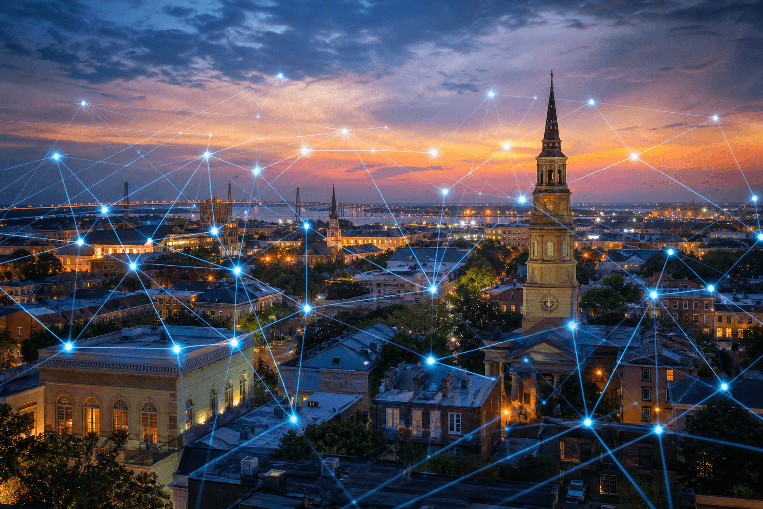 Charleston cityscape with digital AI network overlay
