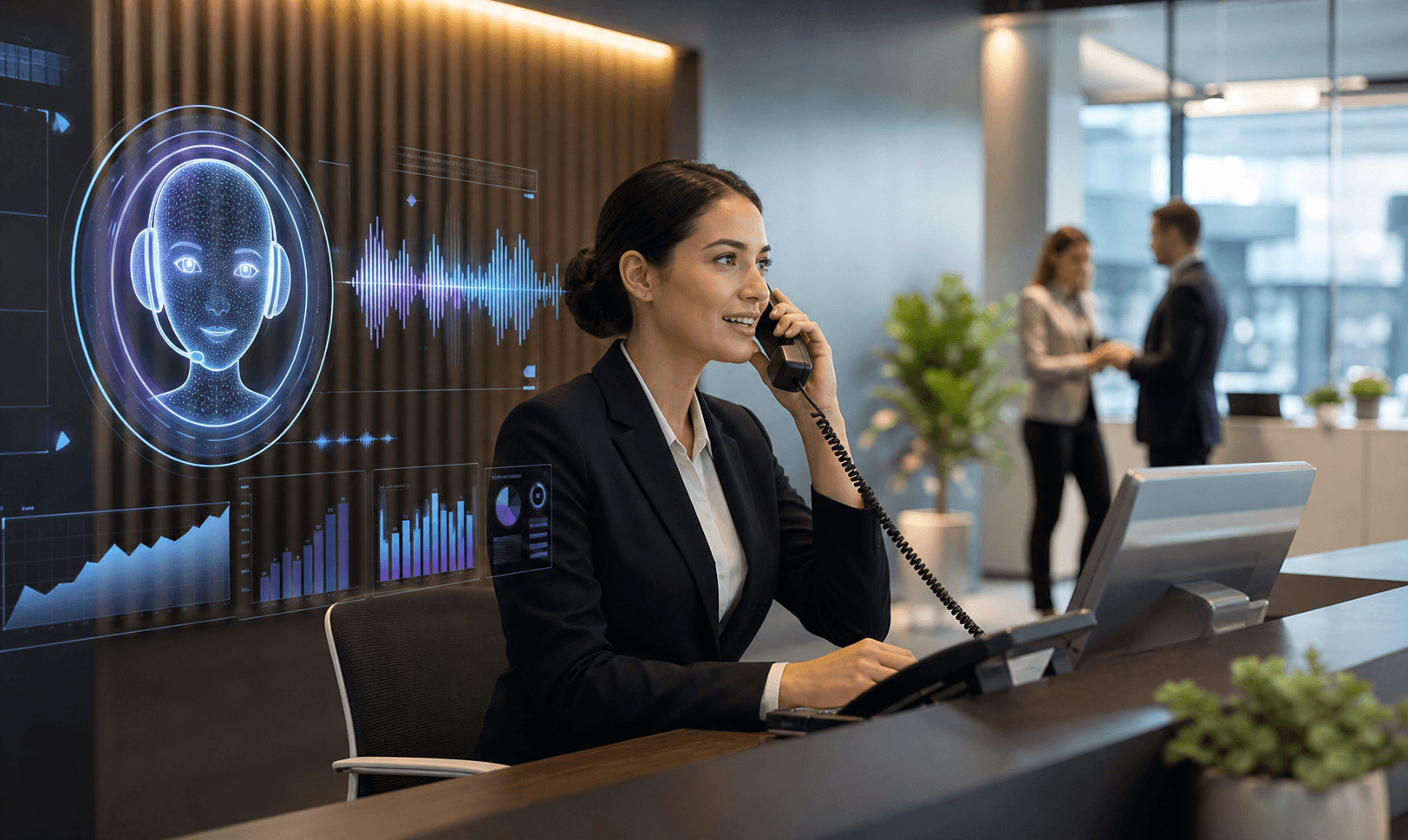 AI receptionist concept showing voice interaction and business growth