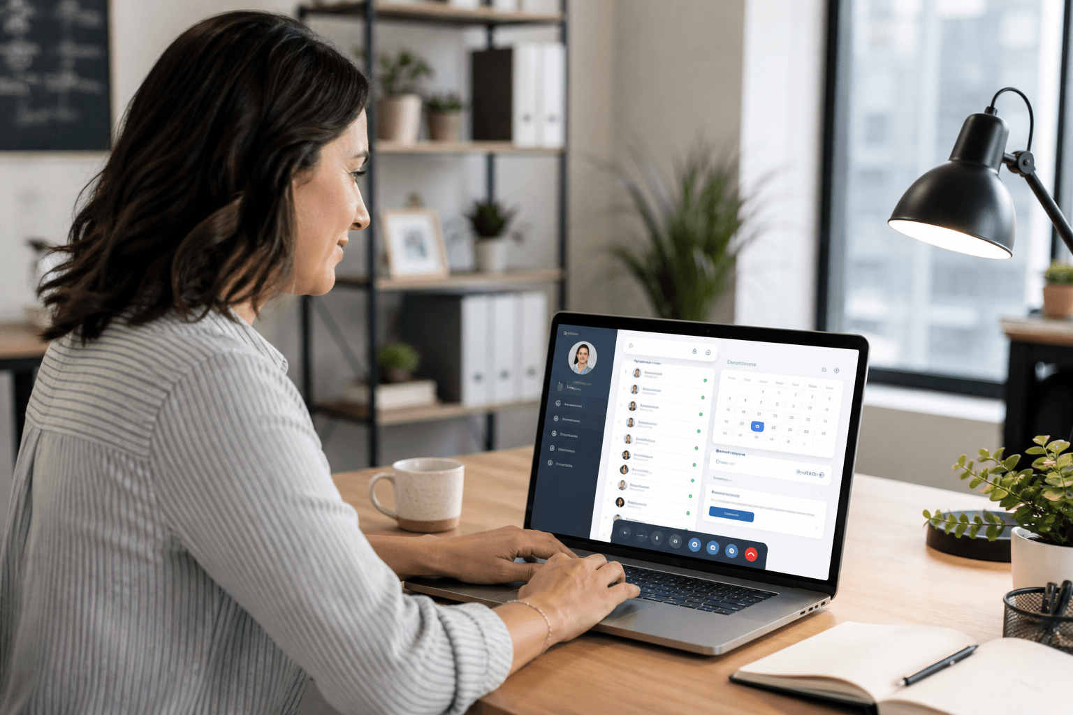 Solo business owner managing calls with receptionist software on a laptop
